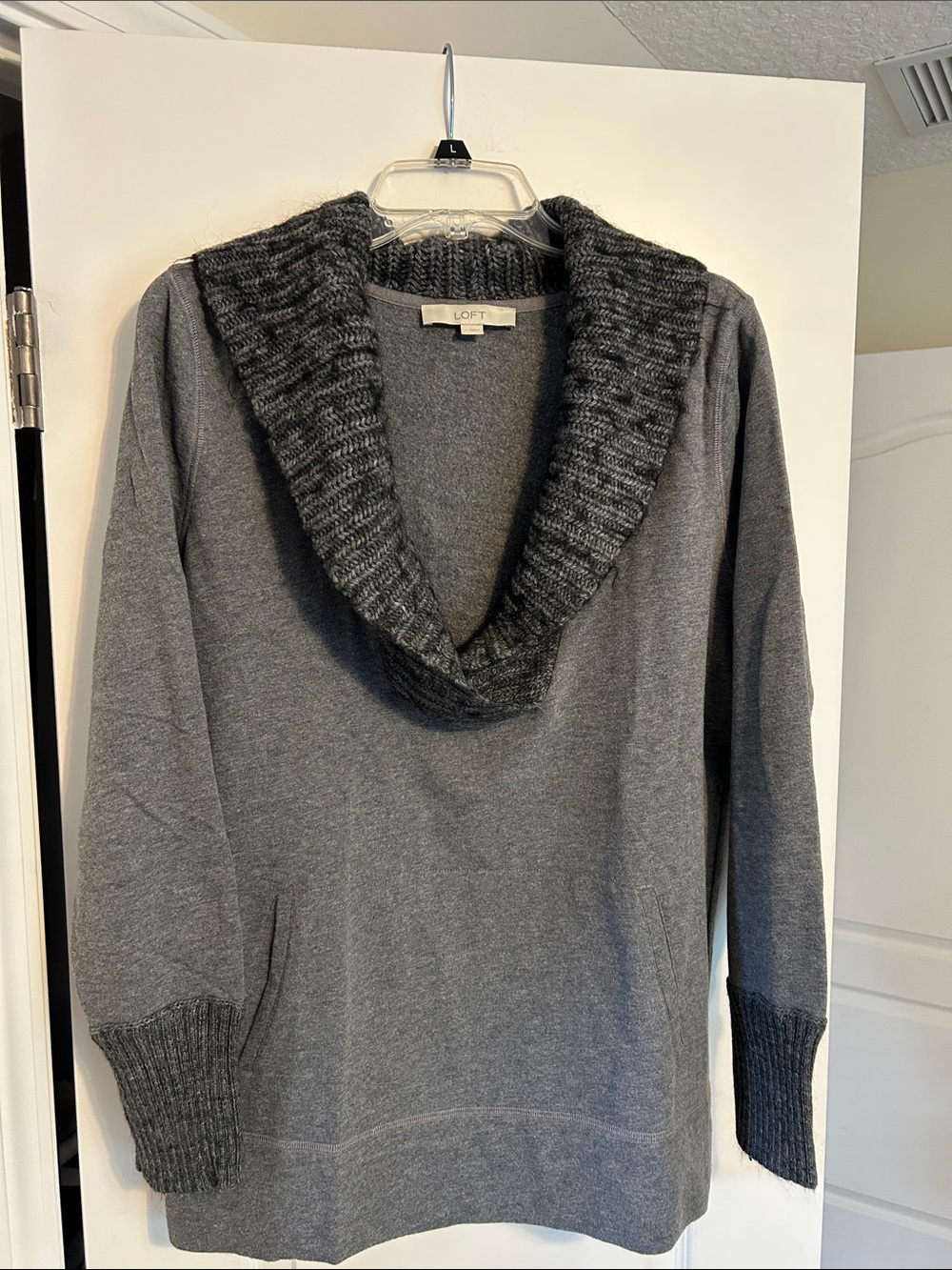 LOFT Gray Shawl-Collar Pullover Sweater